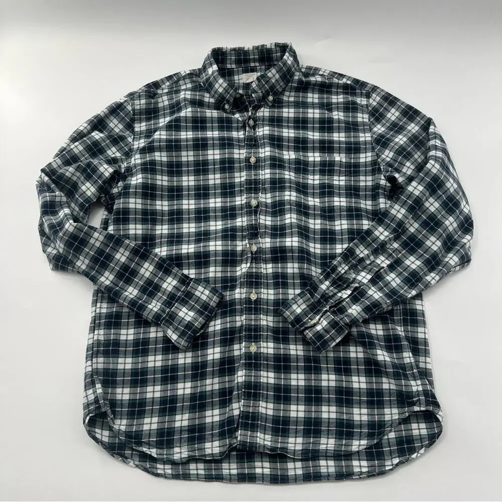 J. Crew Men’s Vintage Oxford Button Down Plaid Navy Blue Green Shirt Long Sleeve
